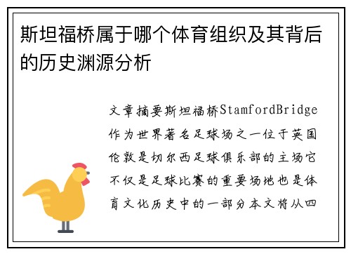 斯坦福桥属于哪个体育组织及其背后的历史渊源分析 斯坦福桥属于哪个体育组织及其背后的历史渊源分析