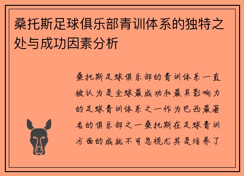 桑托斯足球俱乐部青训体系的独特之处与成功因素分析 桑托斯足球俱乐部青训体系的独特之处与成功因素分析