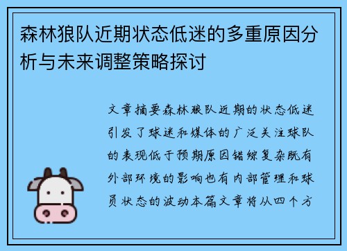 森林狼队近期状态低迷的多重原因分析与未来调整策略探讨