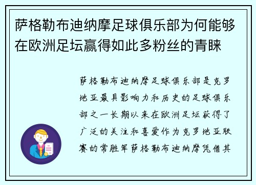 萨格勒布迪纳摩足球俱乐部为何能够在欧洲足坛赢得如此多粉丝的青睐 萨格勒布迪纳摩足球俱乐部为何能够在欧洲足坛赢得如此多粉丝的青睐