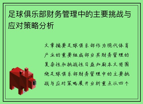 足球俱乐部财务管理中的主要挑战与应对策略分析
